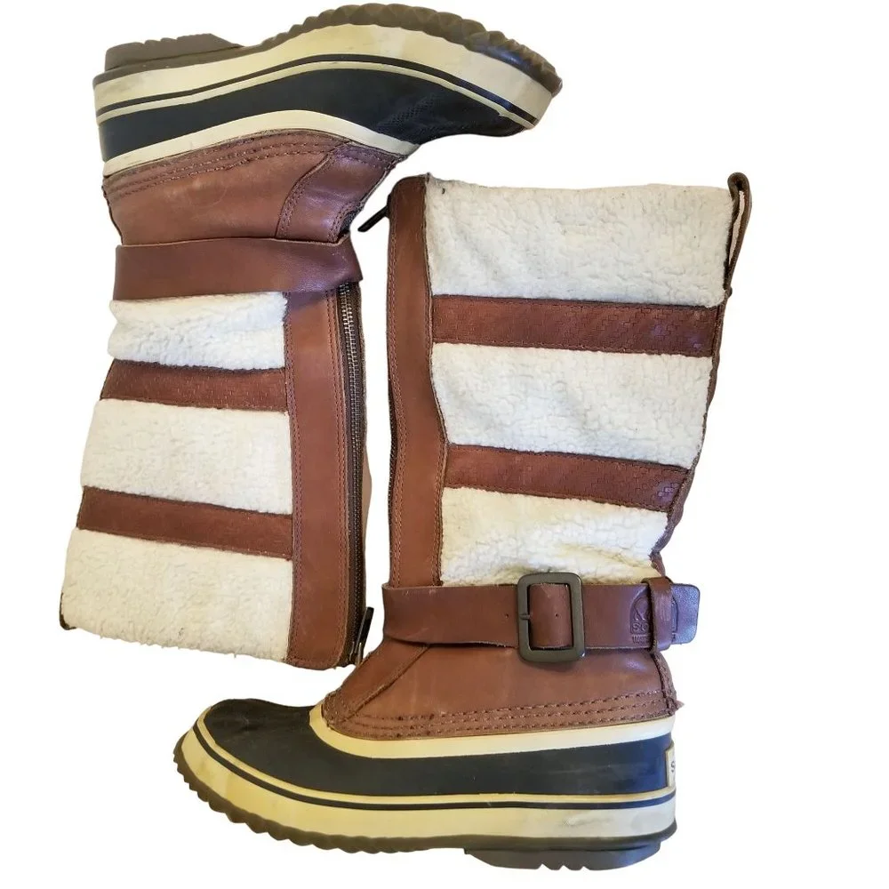 Sorel 7 Brown Tall Boots Helen of Tundra Leather‎ Waterproof Zip Up